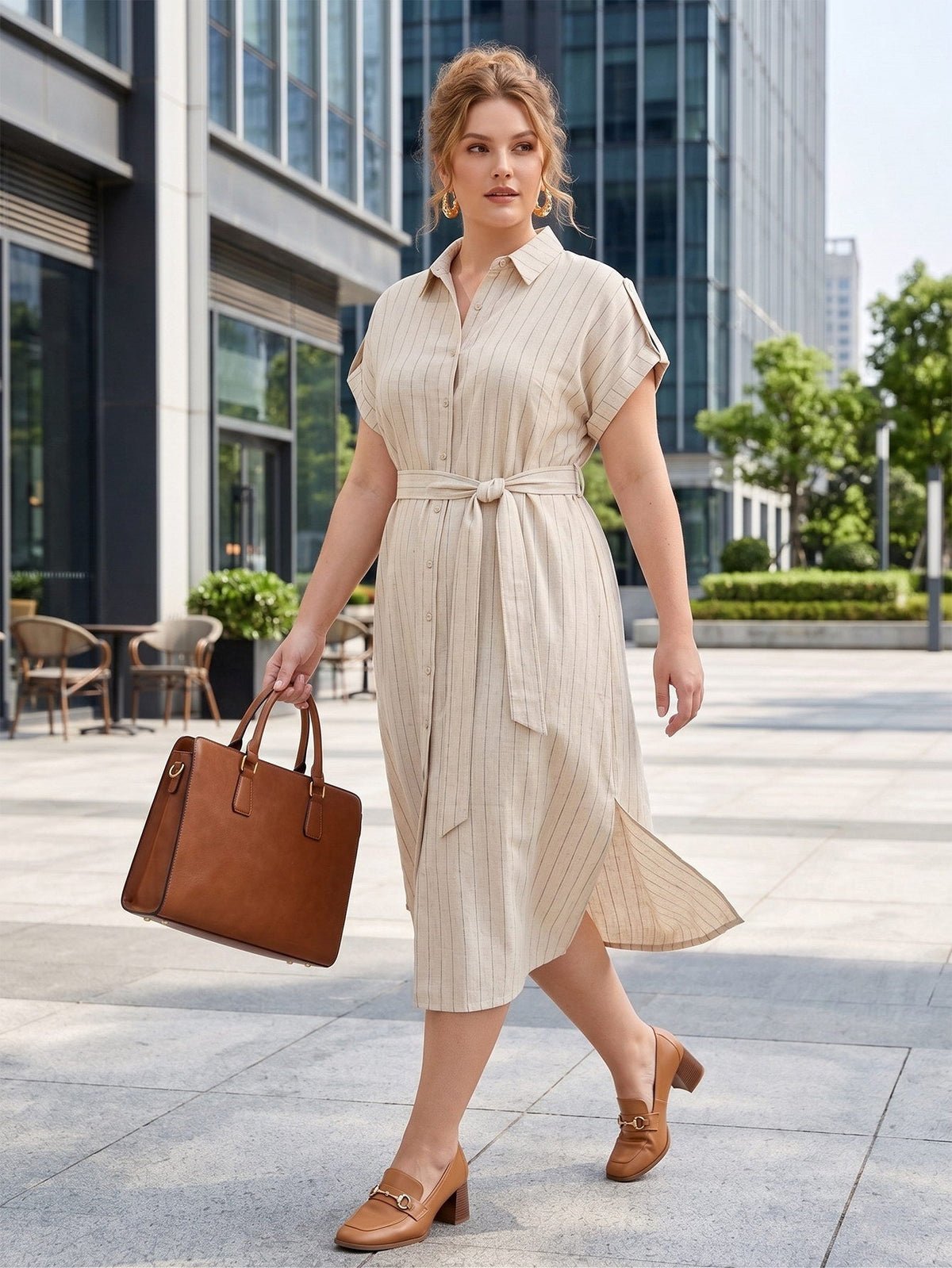 Larui Plus Size Women's Short Sleeves Dress With Belted