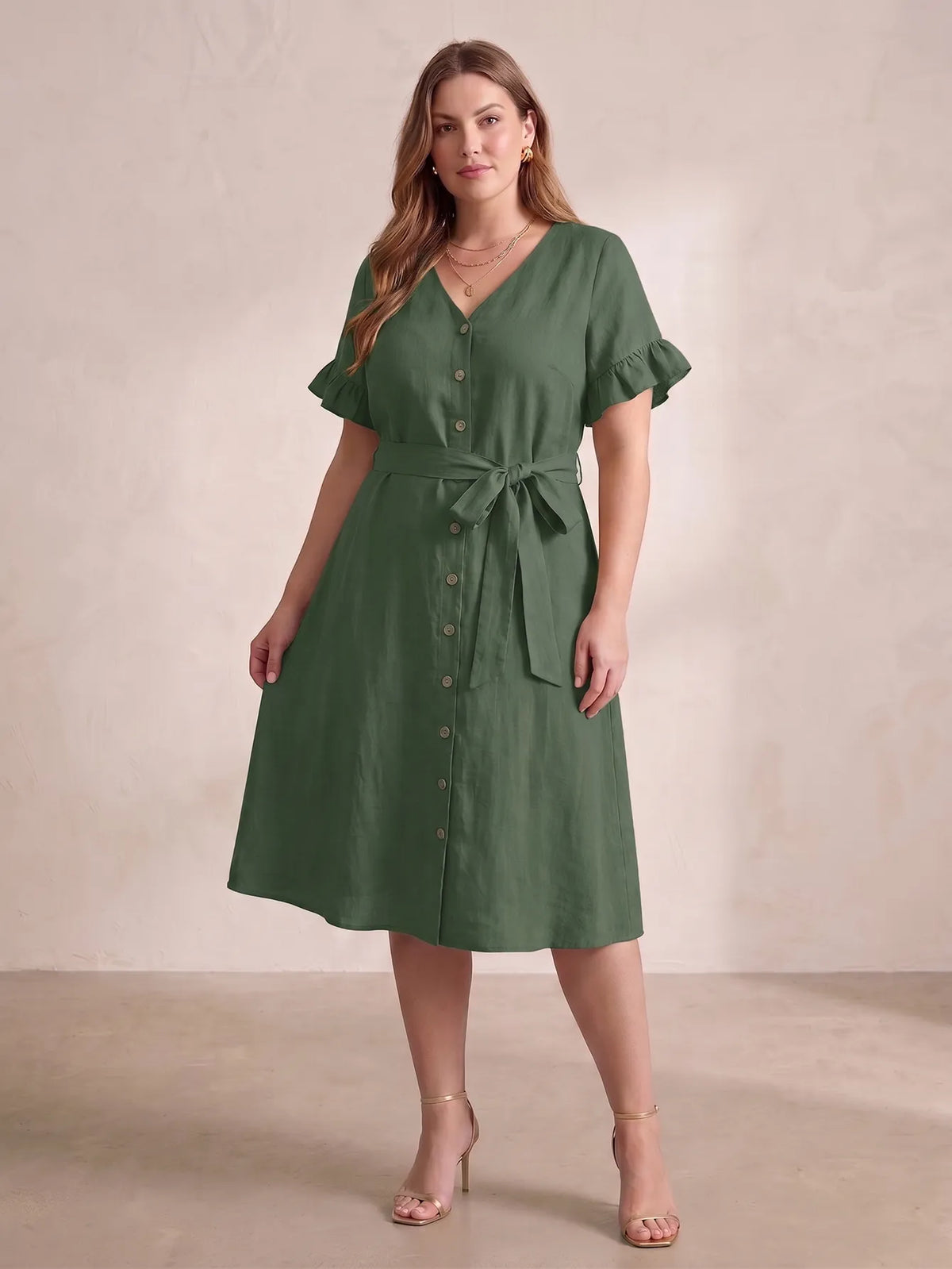 Larui Plus Size Women's Linen Short Sleeves Dress With Belted