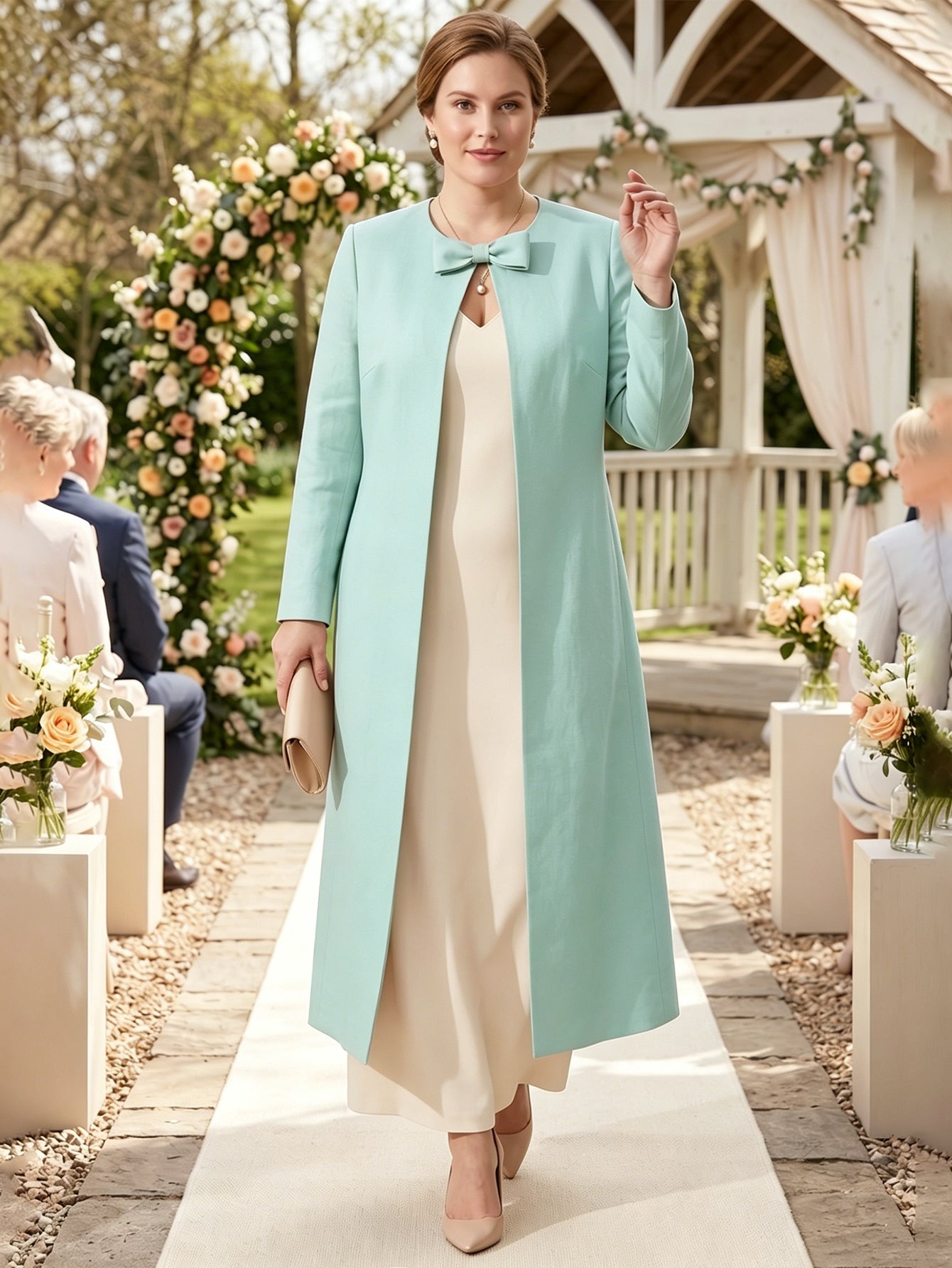 Larui Plus Size Women's Bow-Knot Wedding Long LinenCoat