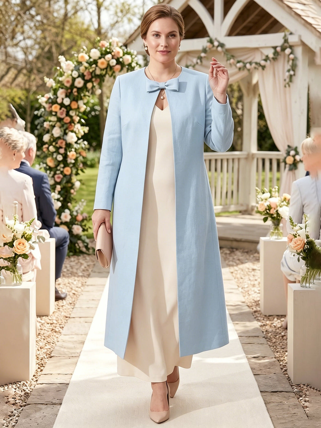 Larui Plus Size Women's Bow-Knot Wedding Long LinenCoat