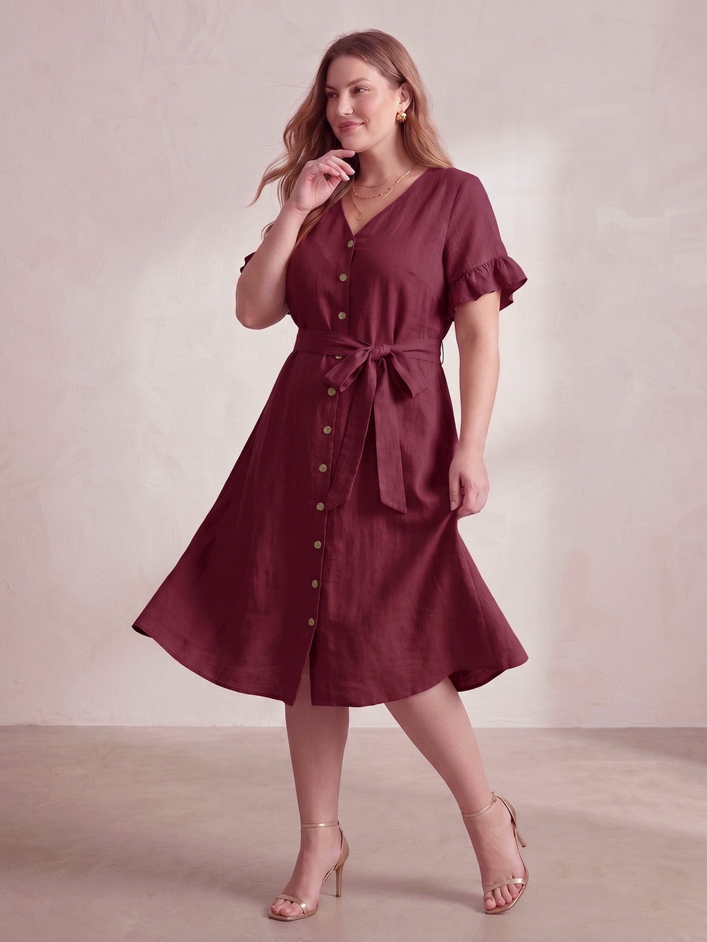 Larui Plus Size Women's Linen Short Sleeves Dress With Belted