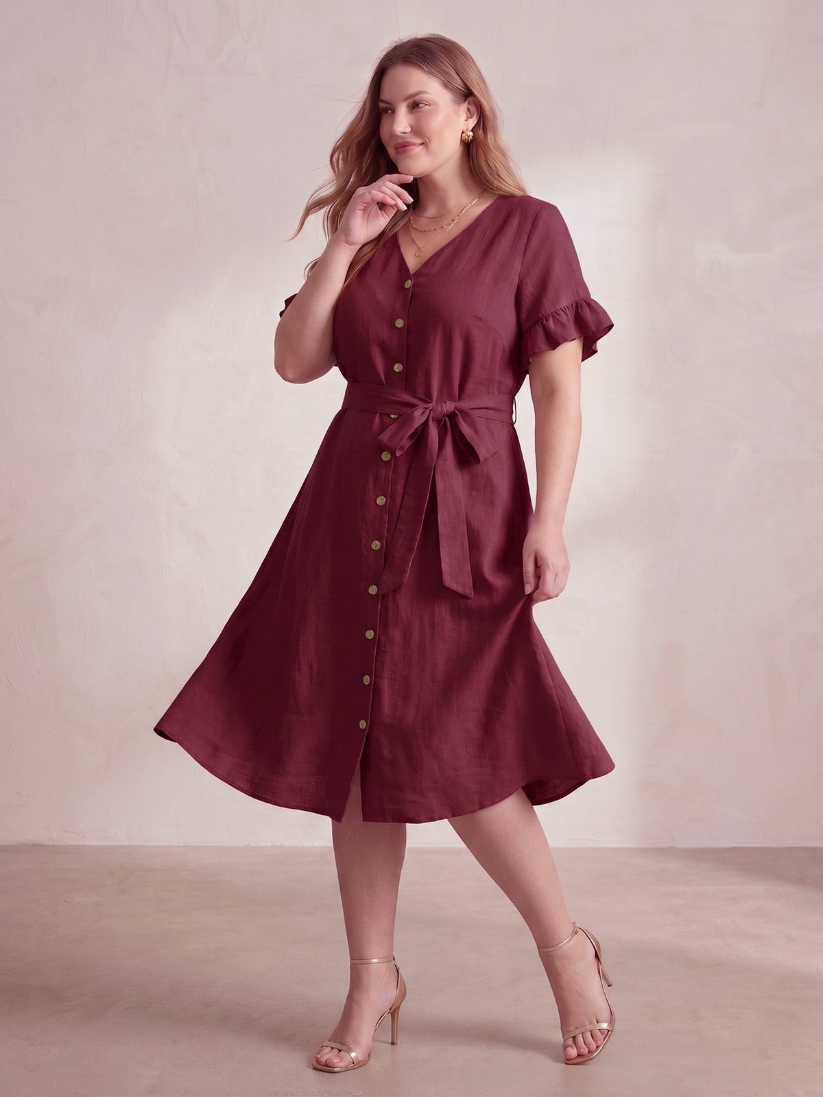 Larui Plus Size Women's Linen Short Sleeves Dress With Belted