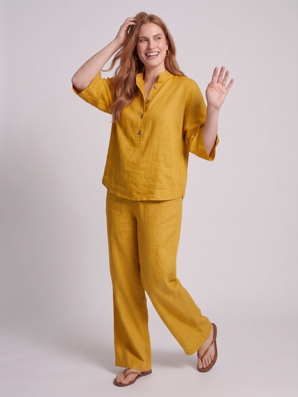 Larui Plus Size Women's V-Neck Button-Detail Casual Linen Set