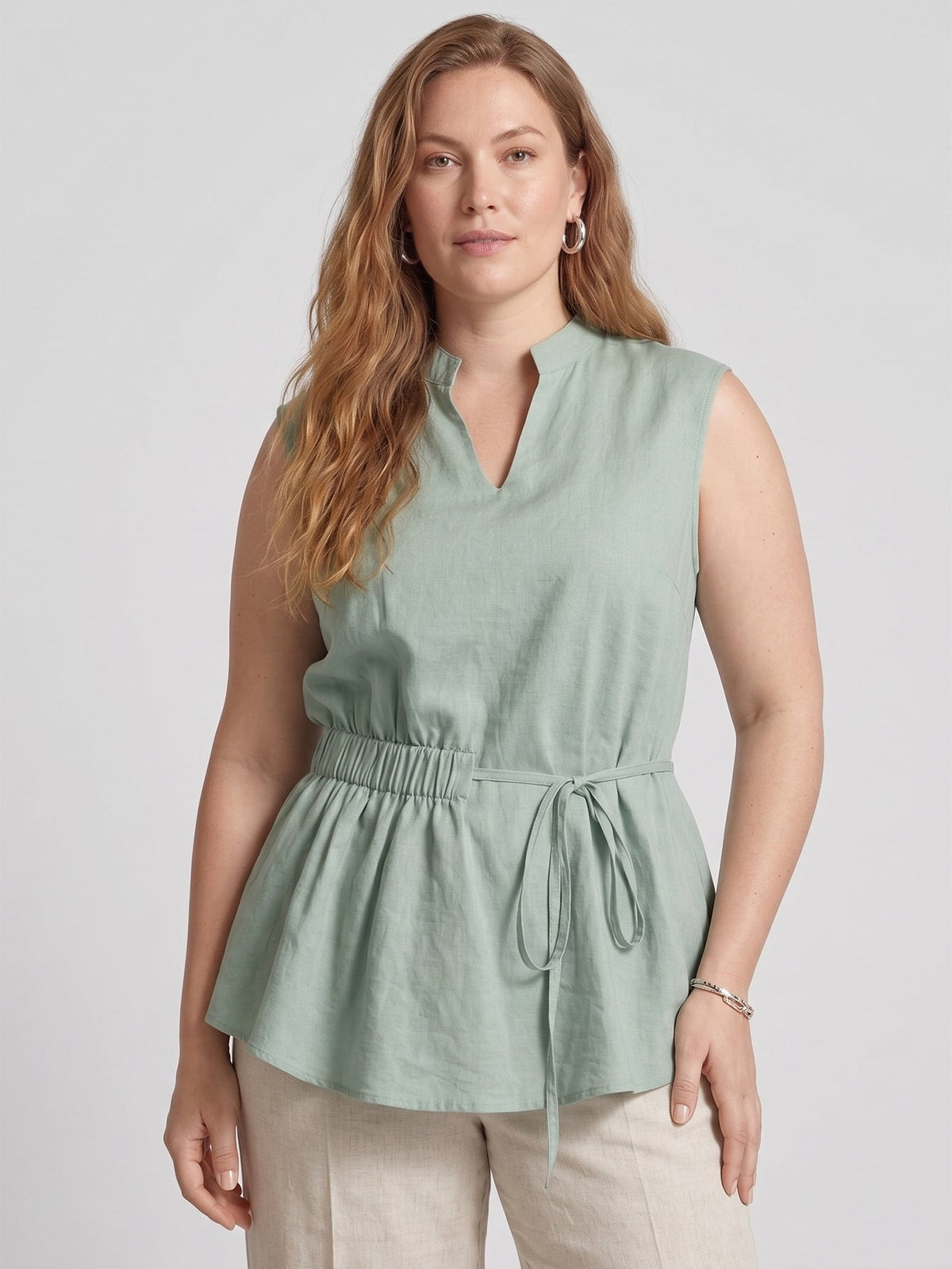 Larui Plus Size Women's Linen Elastic Waist Linen Top Vest