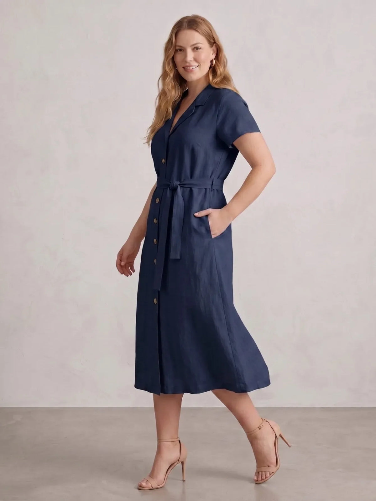Larui Plus Size Women's Linen Dress With Belted