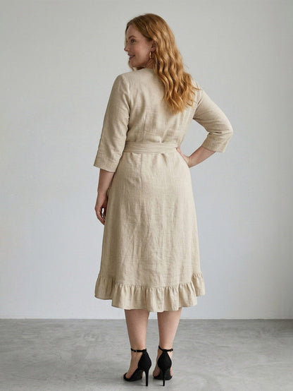 Larui Plus Size Women's Linen Ruffles Dress With Belted