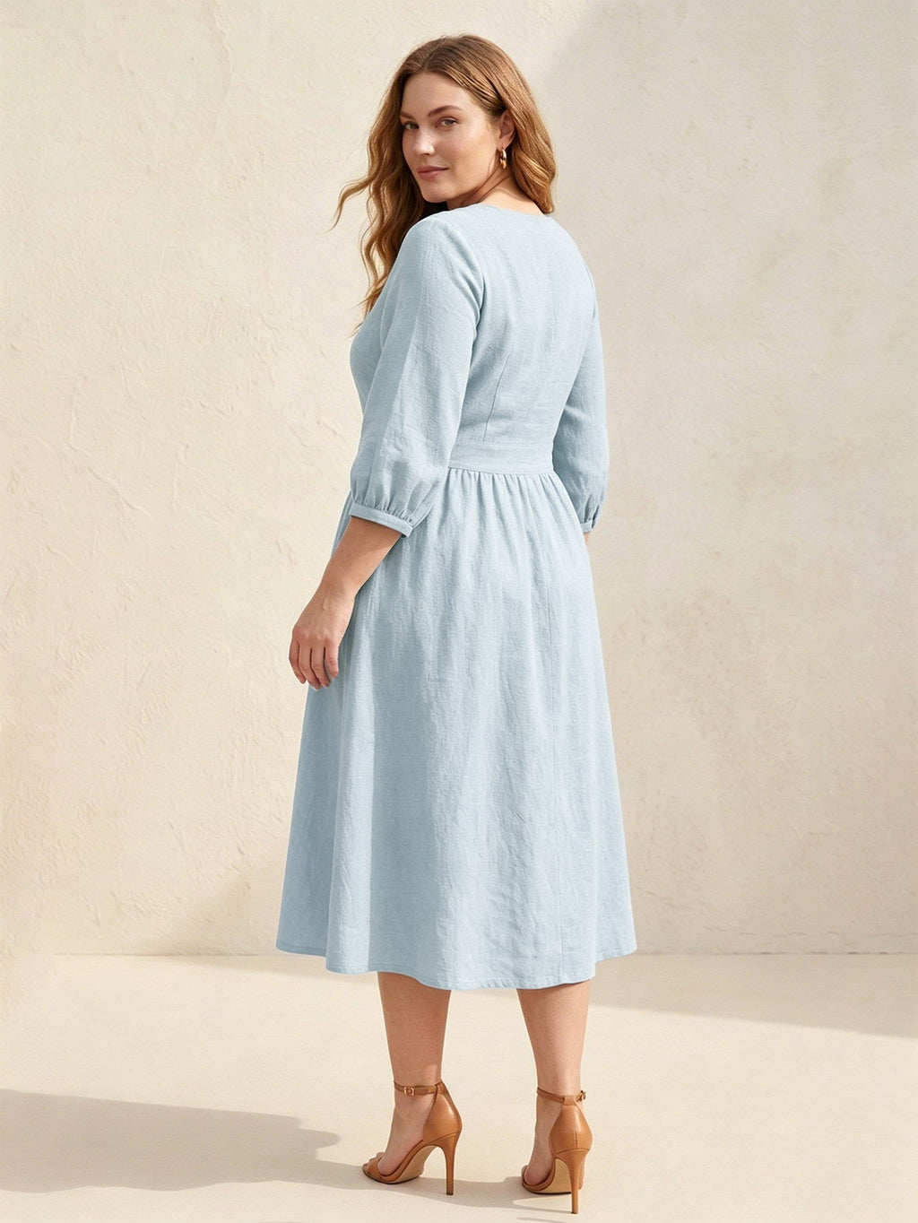 Larui Plus Size Women's Linen V-Neck Pocket Dress