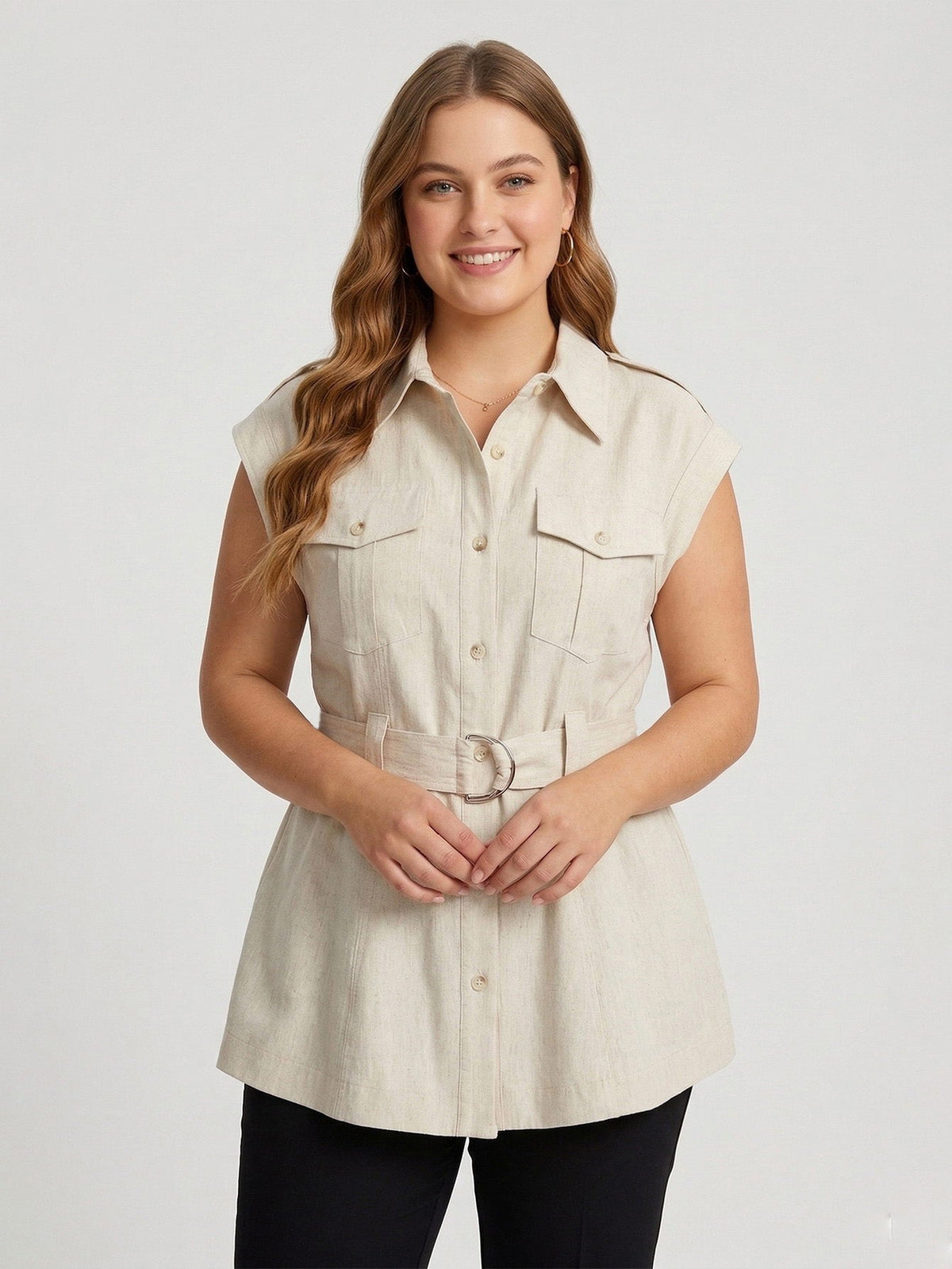 Larui Plus Size Women's Linen Pocket Blouse With Belted