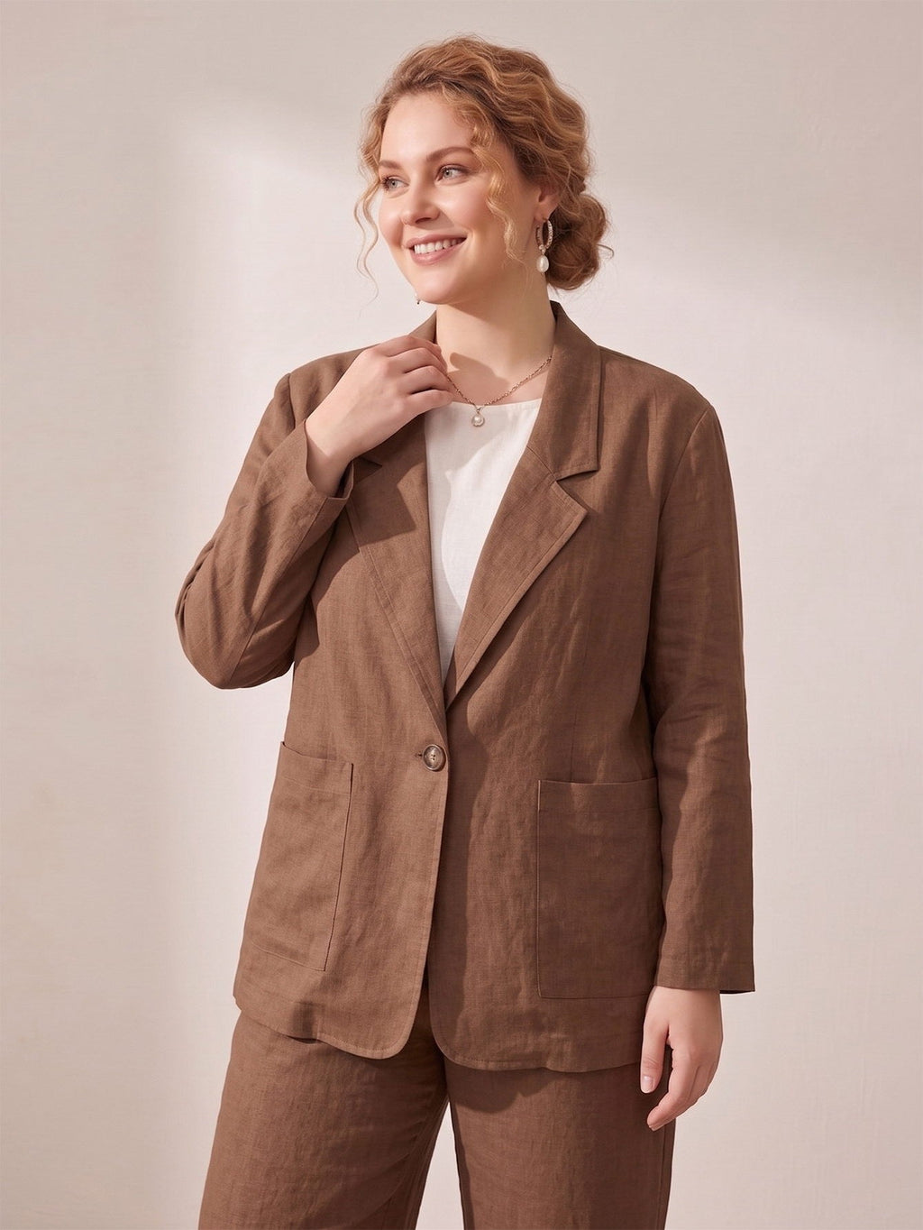 Larui Plus Size Women's Linen Long Sleeves Pocket Blazer