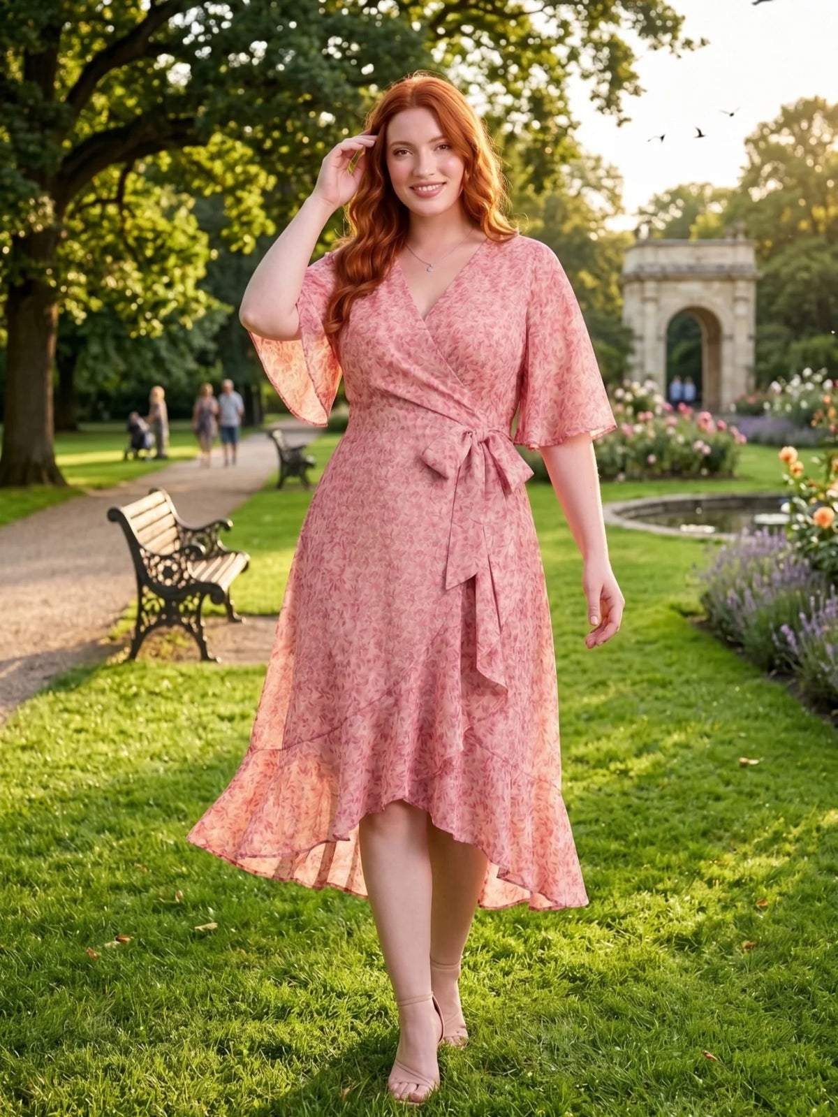 Larui Plus Size Elegant Chiffon Tie-Wrap Dress