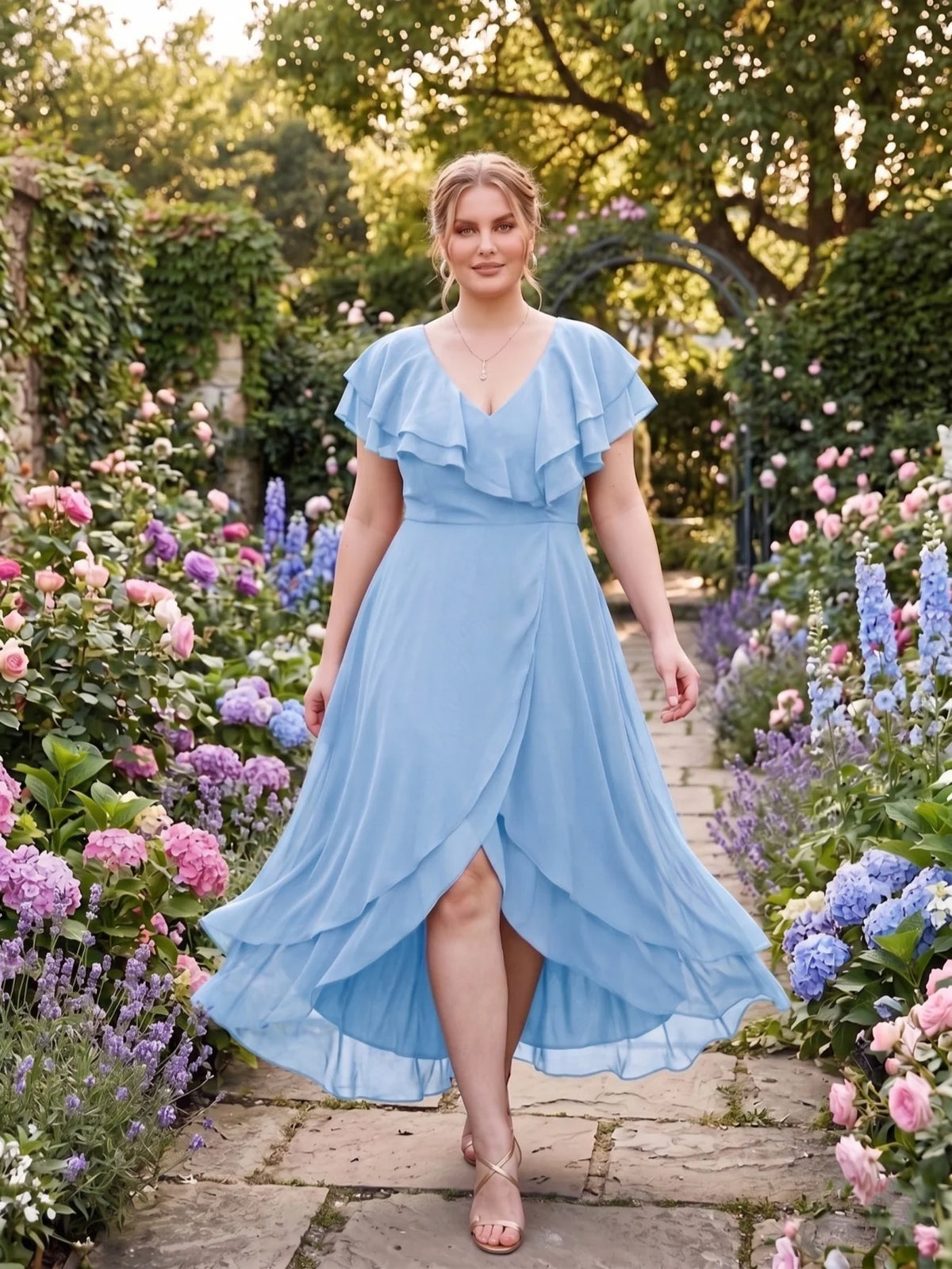 Larui Plus Size Women's Ruffle Sleeve Chiffon Dress