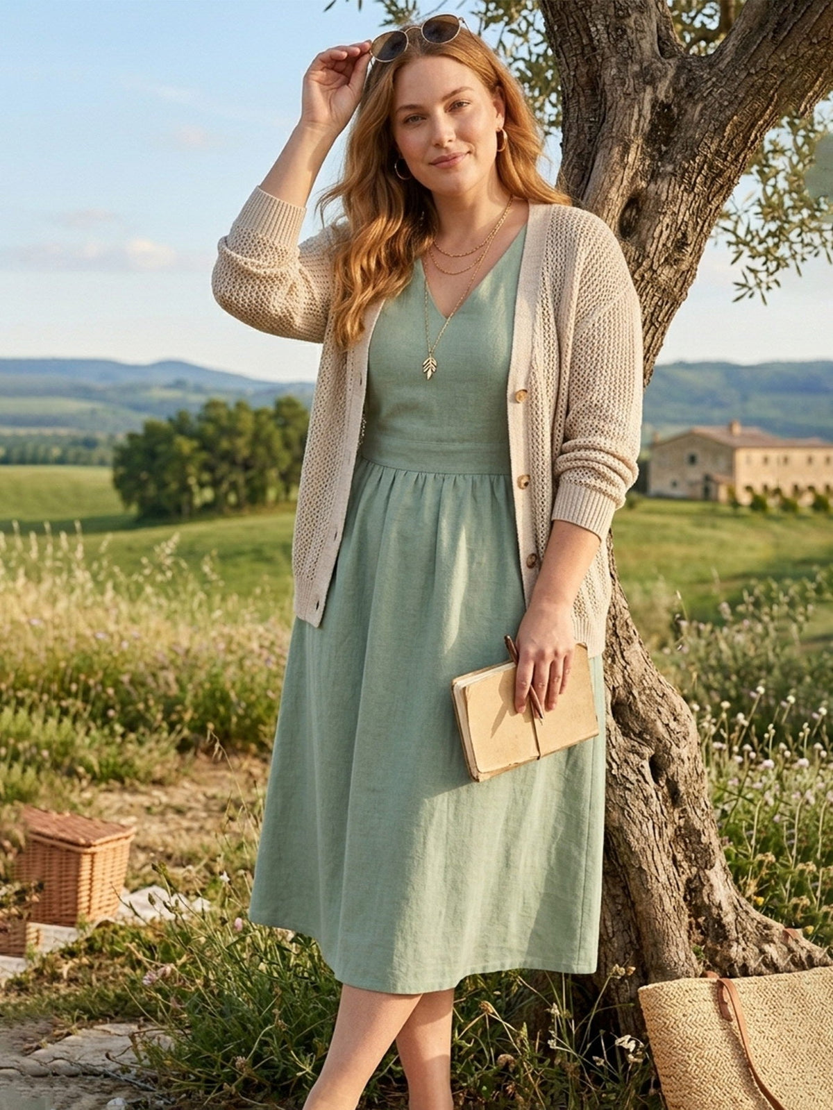 Larui Plus Size Women's Linen V-Neck Pocket Dress