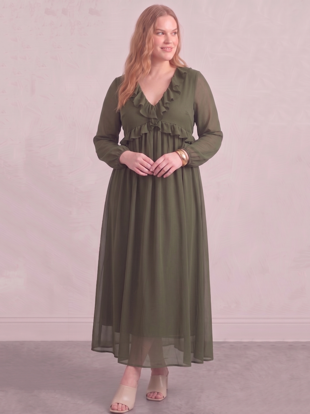 Larui Plus Size Women‘s Chiffon Ruffled V-Neck Dress