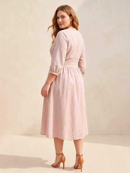 Larui Plus Size Women's Linen V-Neck Pocket Dress