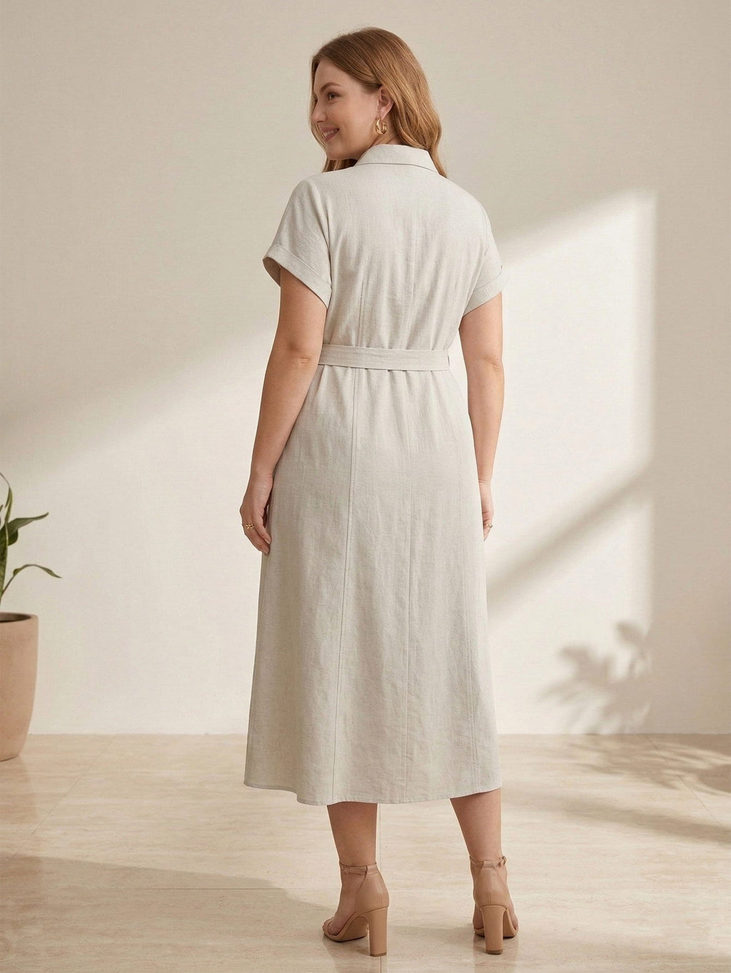 Larui Plus Size Women‘s Linen Short  Sleeves Dress