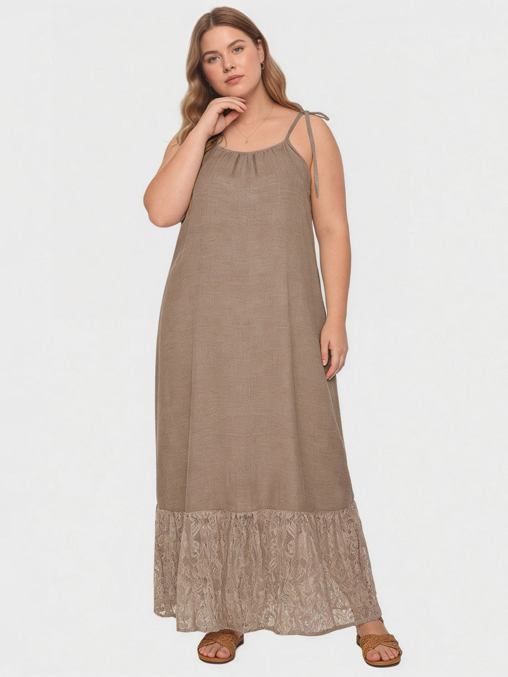 Larui Wovem's Plus Size Linen Lace Patchwork Casual Pocket Cami Dress