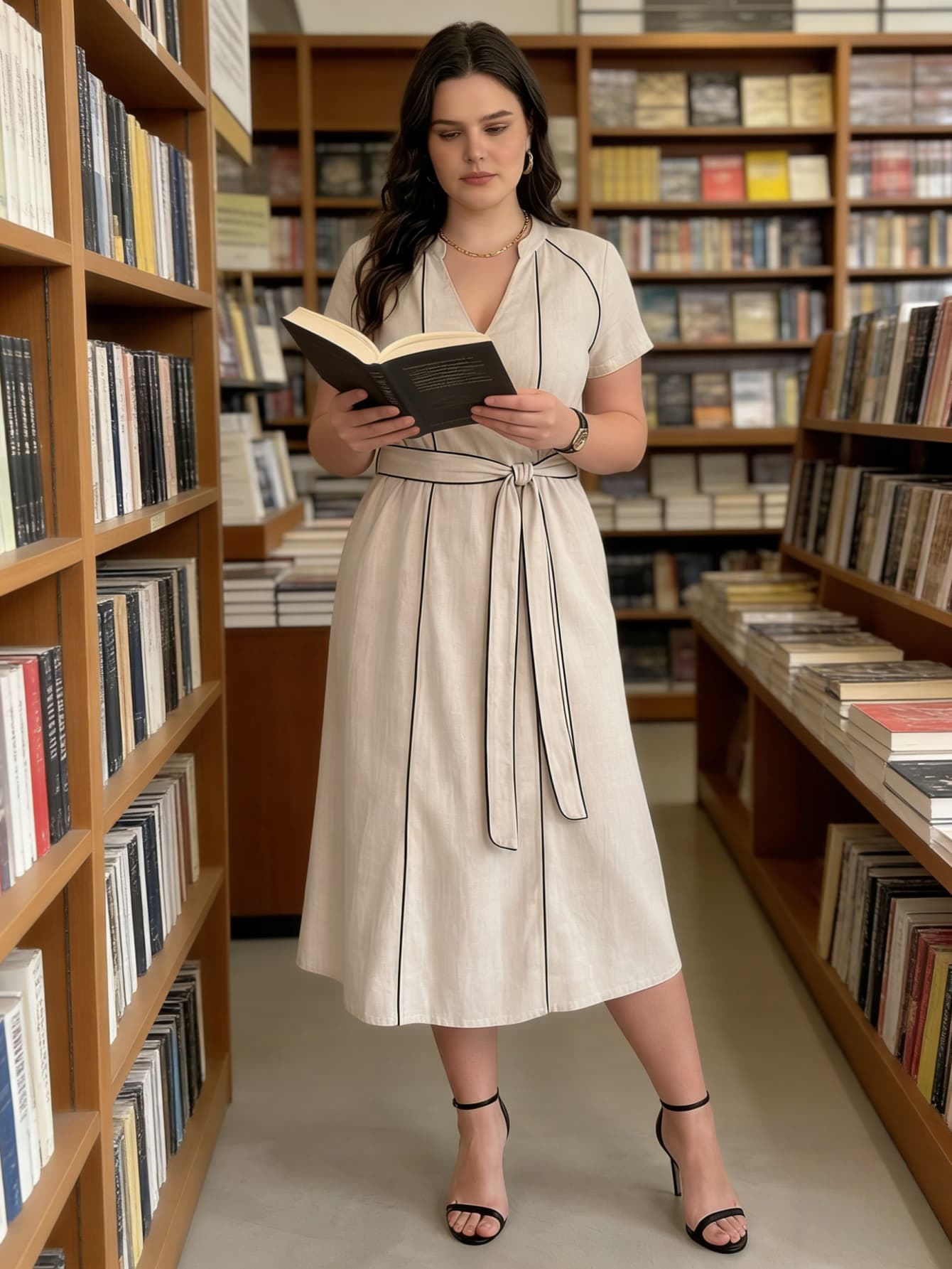 Larui Plus Size Women‘s Linen V Neck Dress With Belted