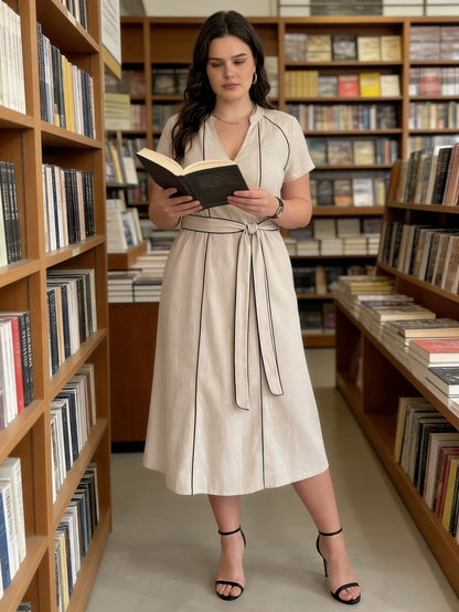 Larui Plus Size Women‘s Linen V Neck Dress With Belted