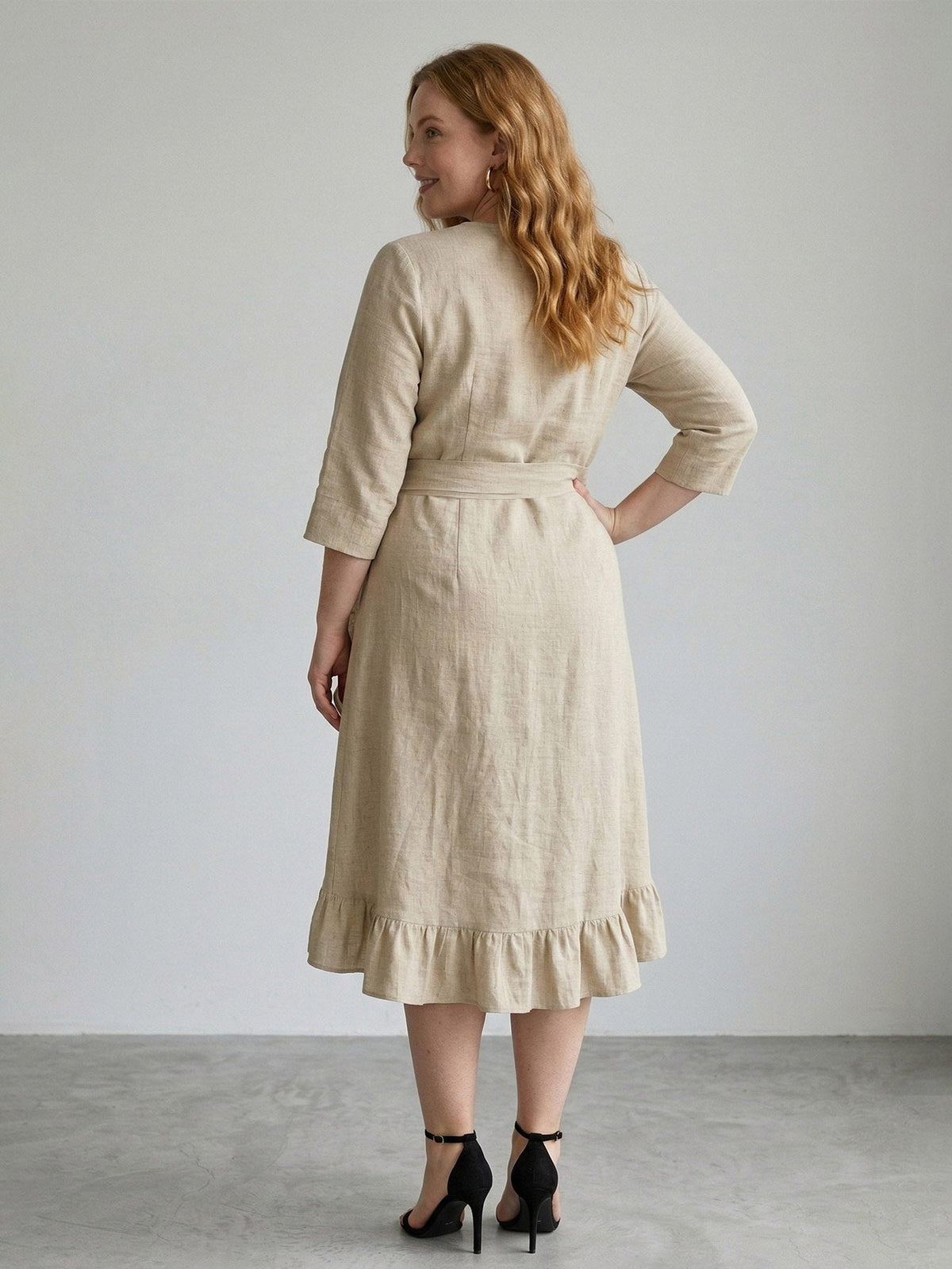 Larui Plus Size Women's Linen Ruffles Dress With Belted