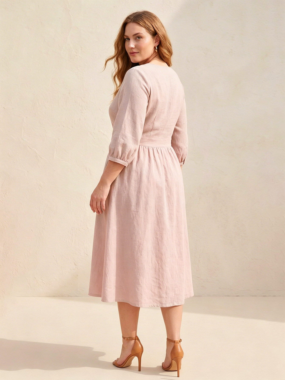 Larui Plus Size Women's Linen V-Neck Pocket Dress