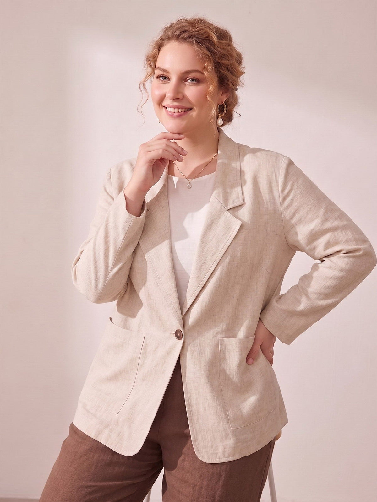 Larui Plus Size Women's Linen Long Sleeves Pocket Blazer