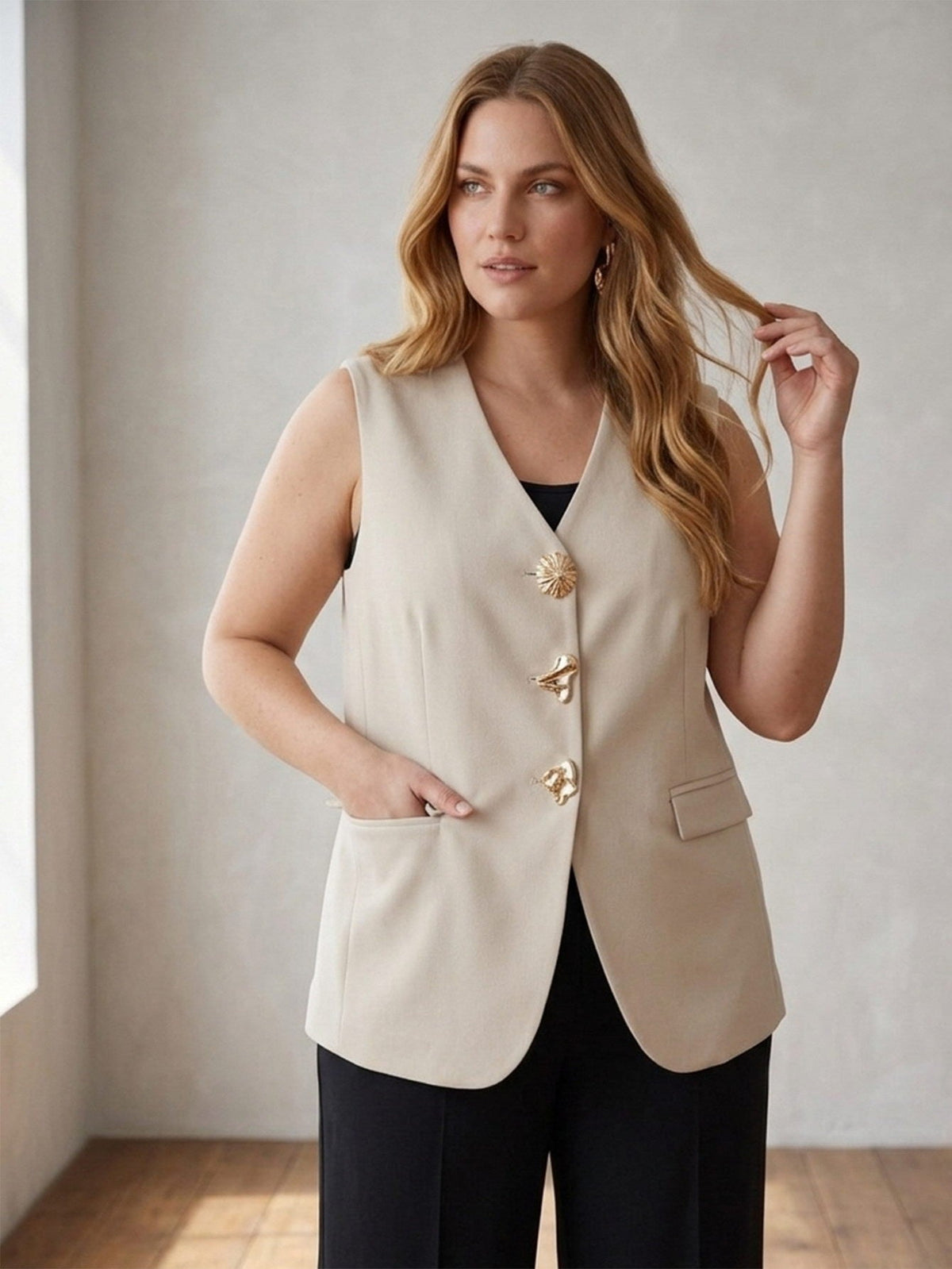 Larui Plus Size Women's Linen Pocket Sleeveless Vest Waistcoat Jacket