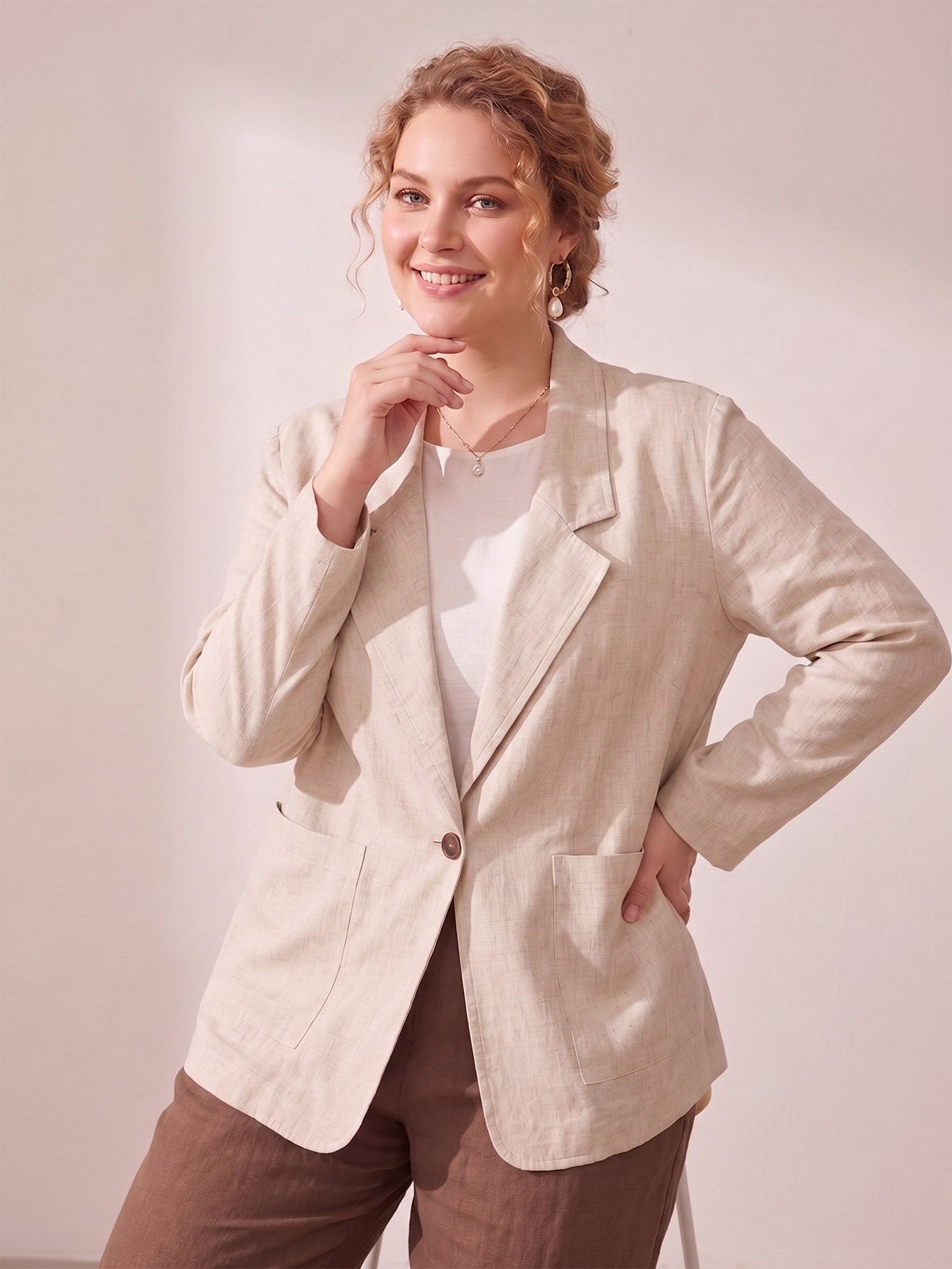 Larui Plus Size Women's Linen Long Sleeves Pocket Blazer