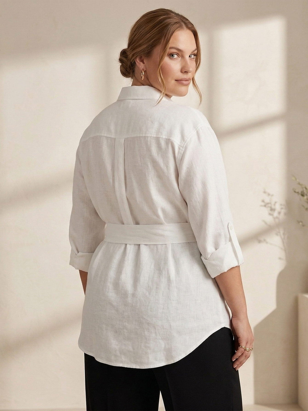 Larui Plus Size Women's Linen Pocket Shirt With Belted