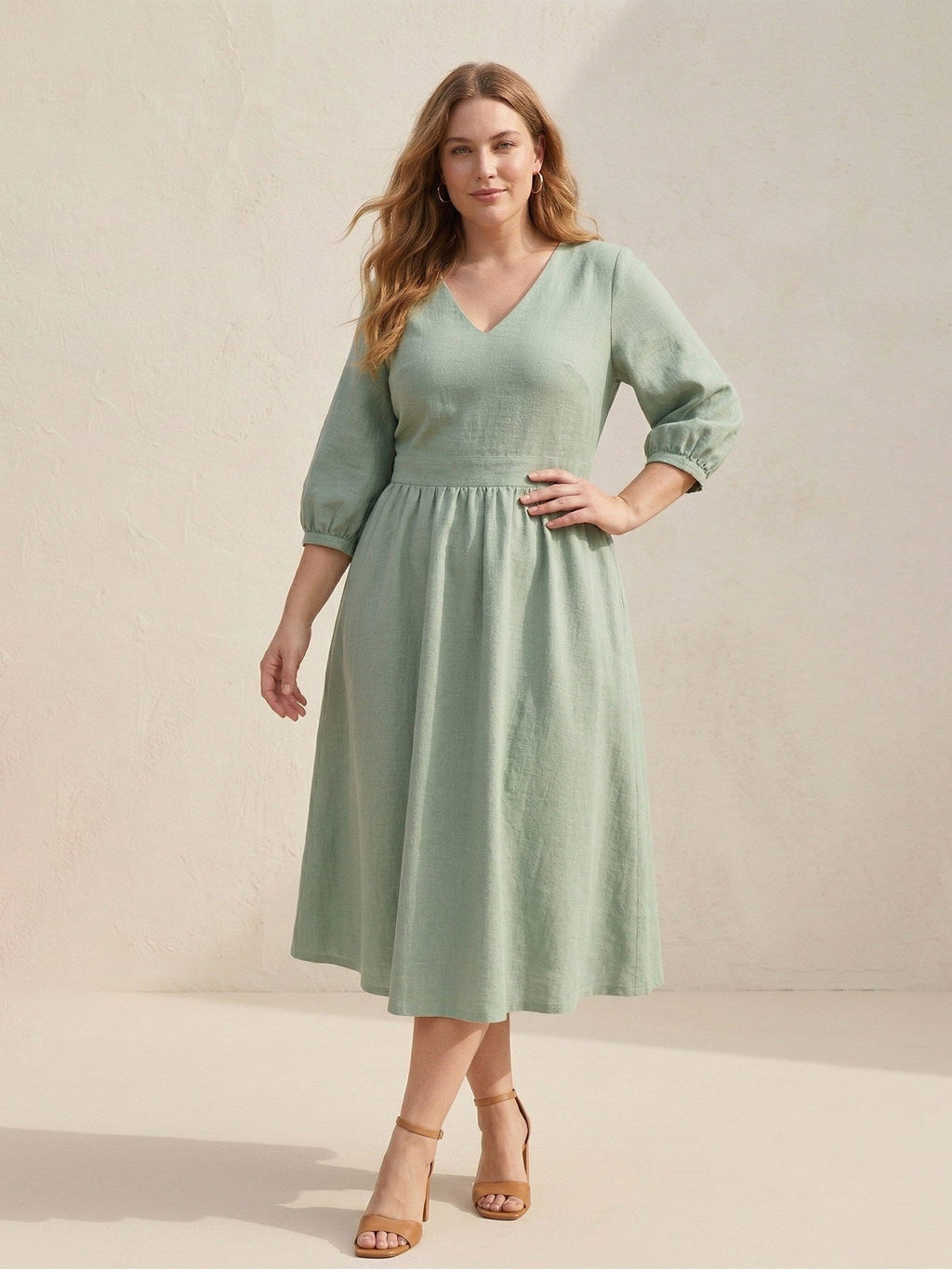 Larui Plus Size Women's Linen V-Neck Pocket Dress