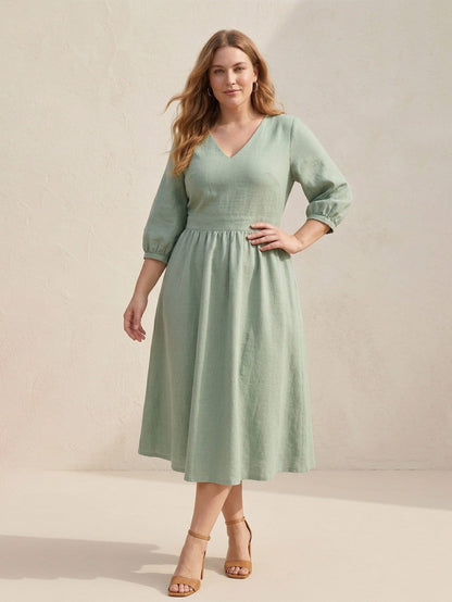 Larui Plus Size Women's Linen V-Neck Pocket Dress