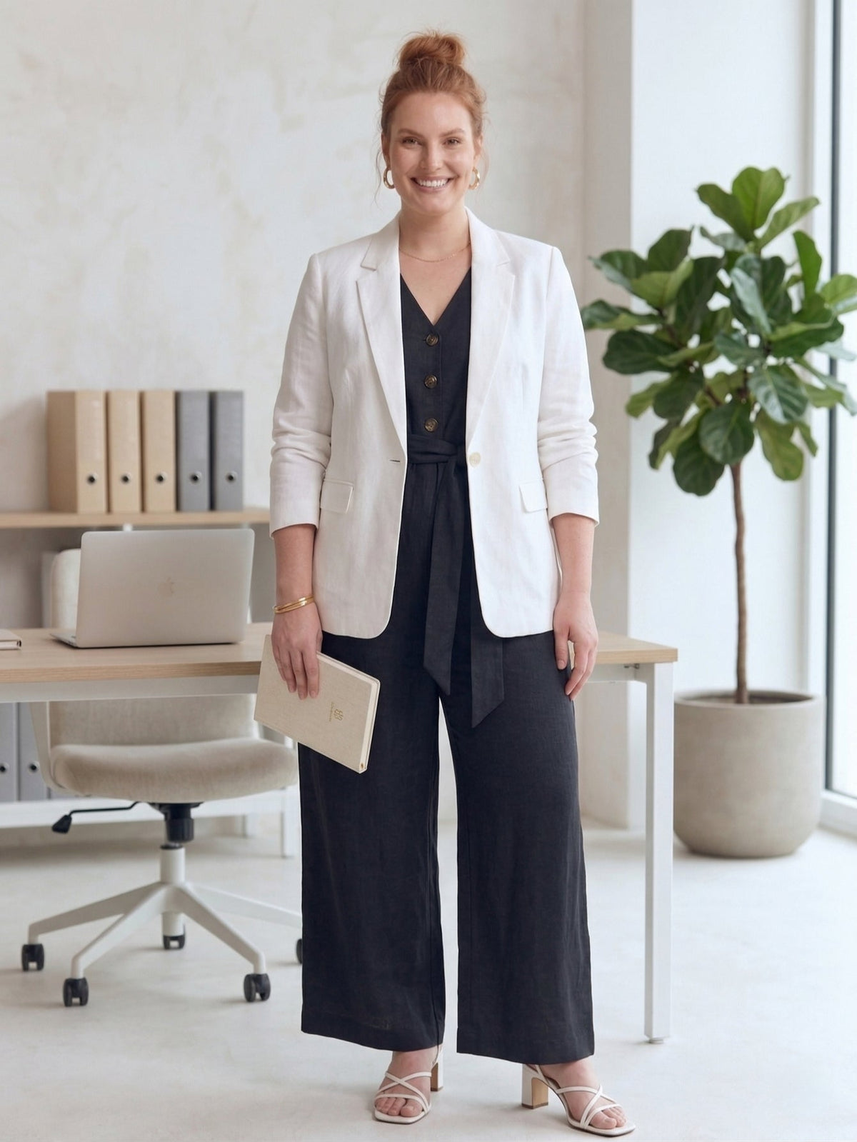 Plus Size Women's Linen Elegant Pocket Jumpsuit With Belted