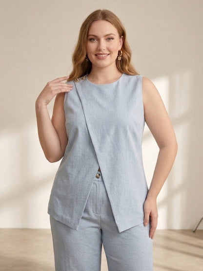 Larui Plus Size Women's Button Sleeveless Top Vest