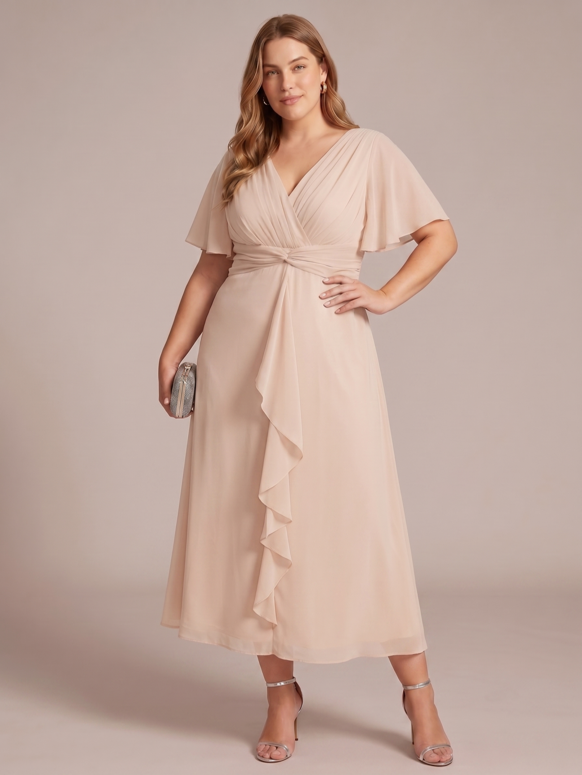 Larui Women's Plus-Size Chiffon Dress with V-Neck and Ruffled Hem