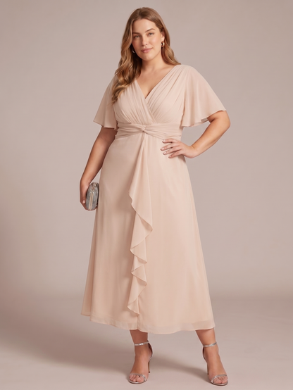 Larui Women's Plus-Size Chiffon Dress with V-Neck and Ruffled Hem