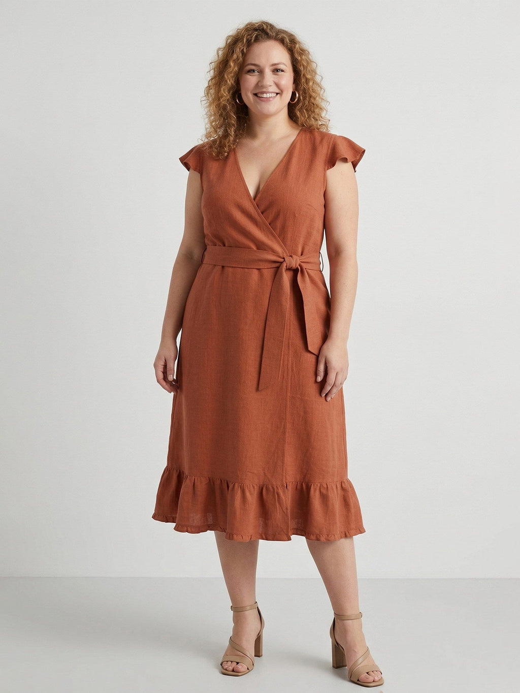 Larui Plus Size Women's Linen Ruffles Dress With Belted
