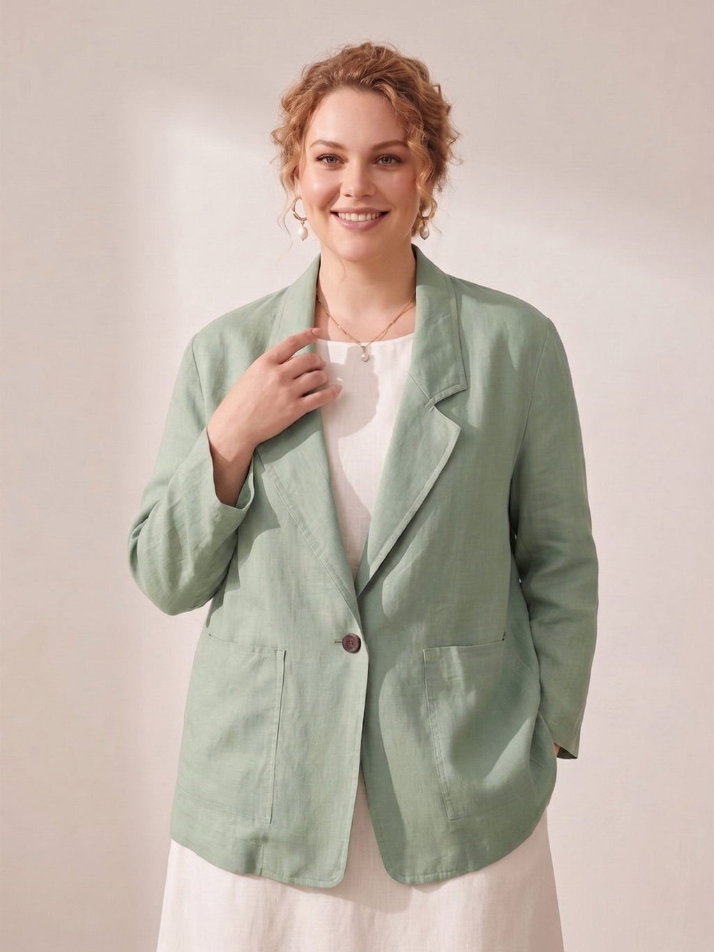 Larui Plus Size Women's Linen Long Sleeves Pocket Blazer