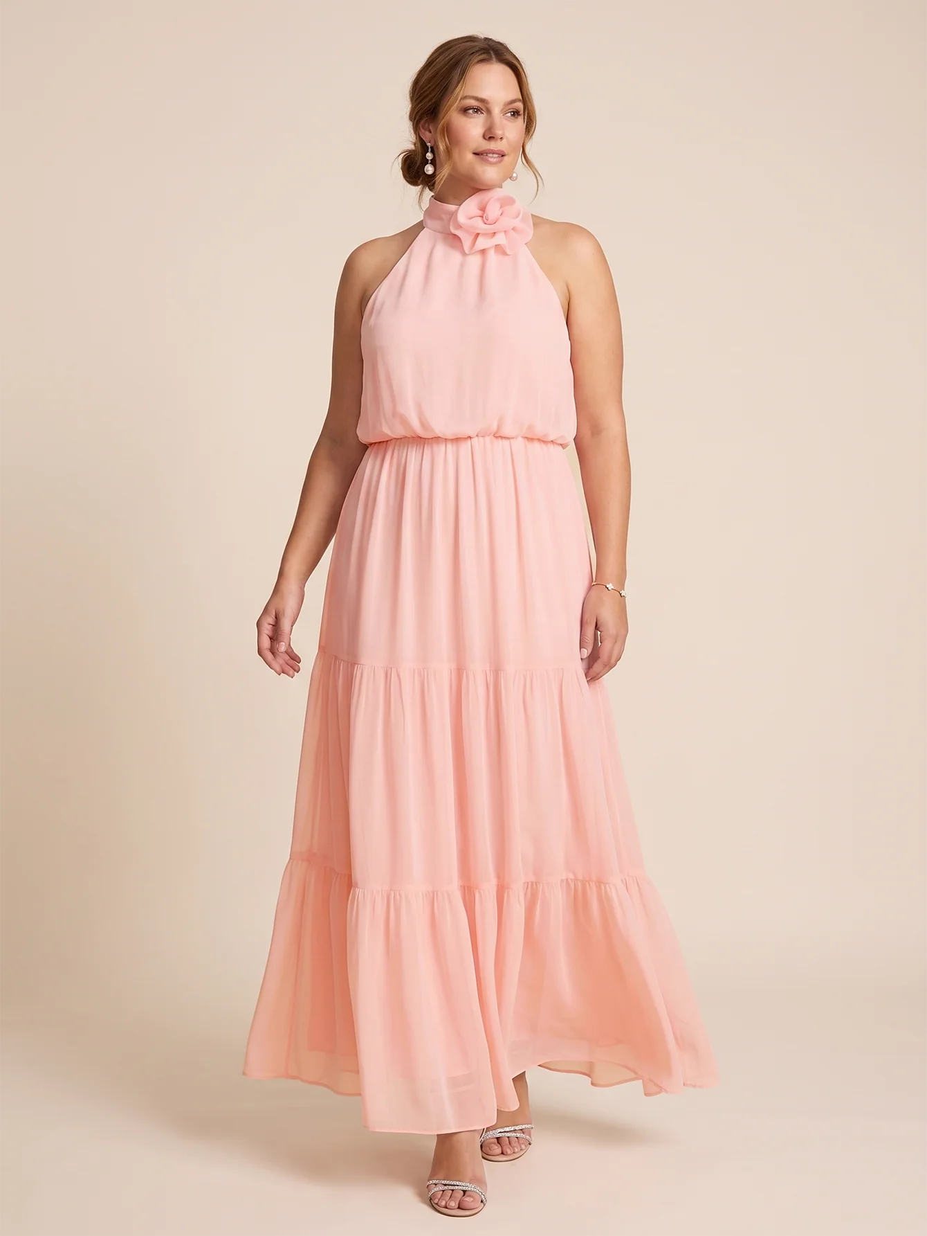Larui Plus Size Wedding/Vacation A-Line Chiffon Dress With Floral Embellishments