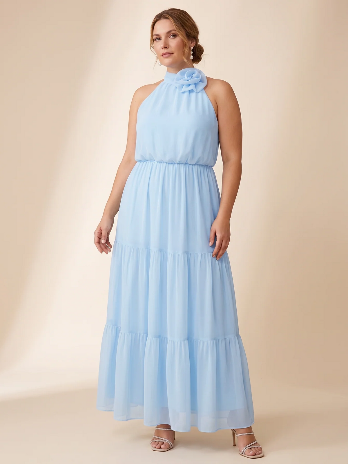 Larui Plus Size Wedding/Vacation A-Line Chiffon Dress With Floral Embellishments