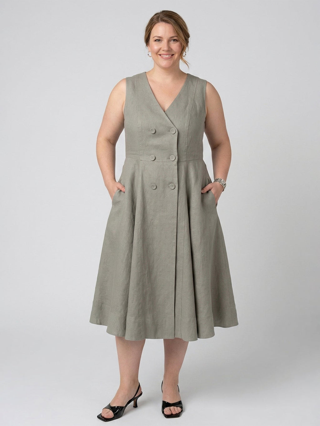Larui Plus Size Women's Elegant Double-Breasted Linen Dress