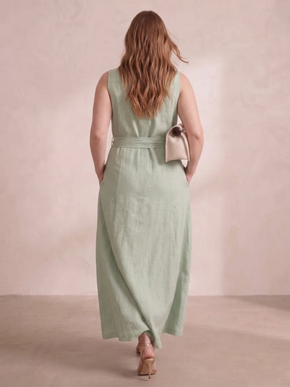 Larui Plus Size Women's Sleeveless Collared Linen Dress with Belt