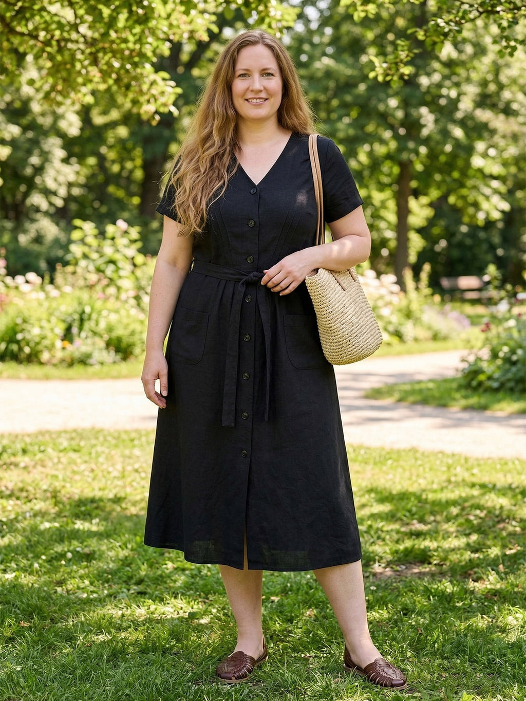 Larui Plus Size Women's Single-Breasted Linen Dress