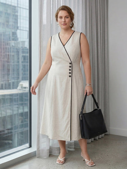 Larui Plus Size Linen V-Neck Summer Dress