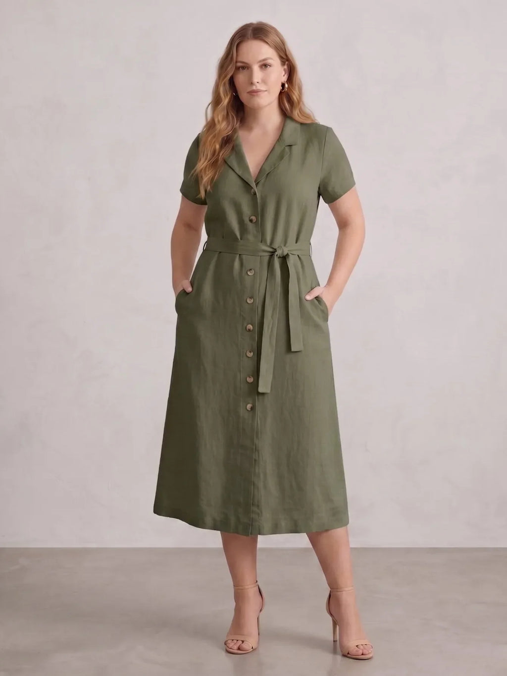 Larui Plus Size Women's Linen Dress With Belted