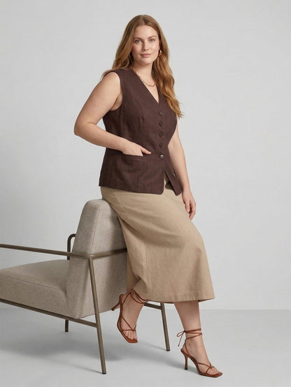 Larui Plus Size Women's Linen V-Neck Sleeveless Vest Waistcoat