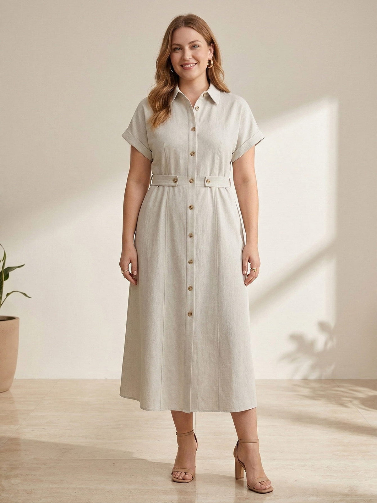 Larui Plus Size Women‘s Linen Short  Sleeves Dress