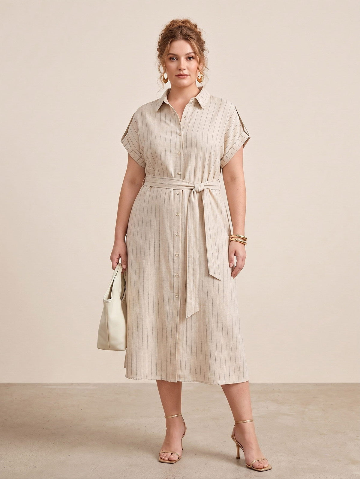 Larui Plus Size Women's Short Sleeves Dress With Belted