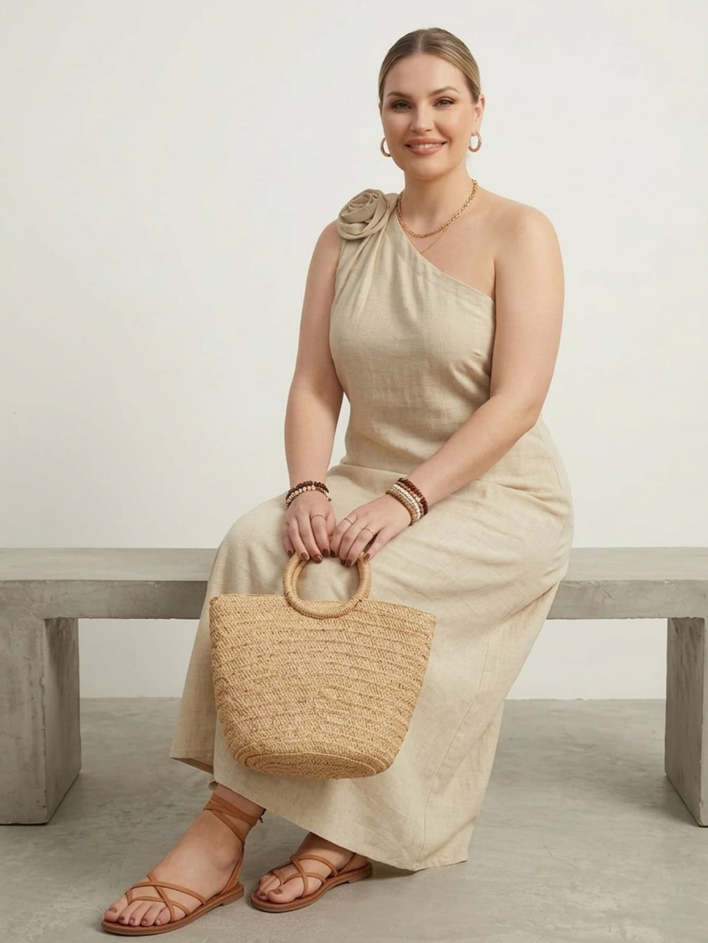 Larui Plus Size Women‘s Linen 3D Flower One Shoulder Dress
