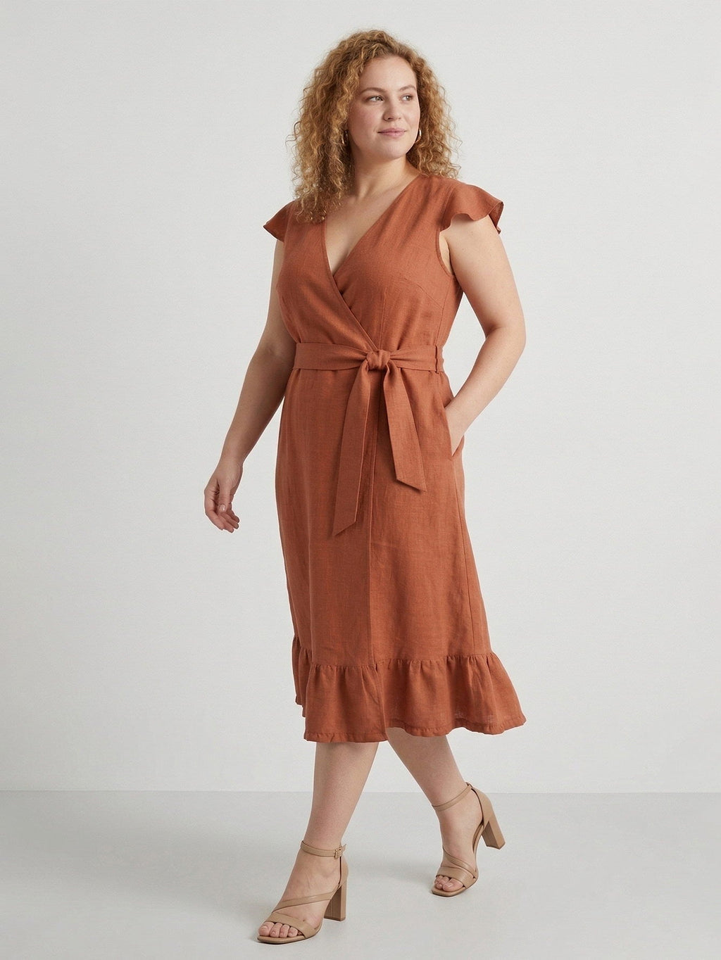 Larui Plus Size Women's Linen Ruffles Dress With Belted