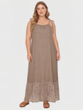 Larui Wovem's Plus Size Linen Lace Patchwork Casual Pocket Cami Dress