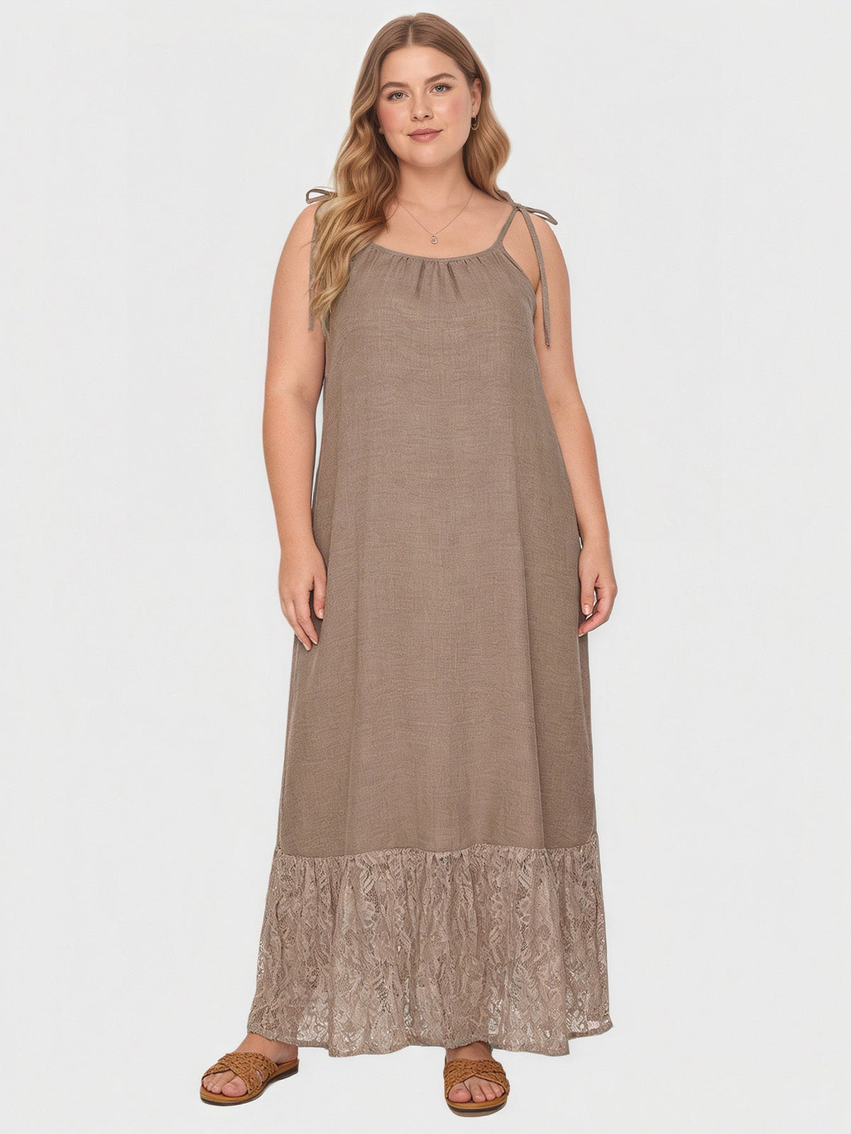 Larui Wovem's Plus Size Linen Lace Patchwork Casual Pocket Cami Dress